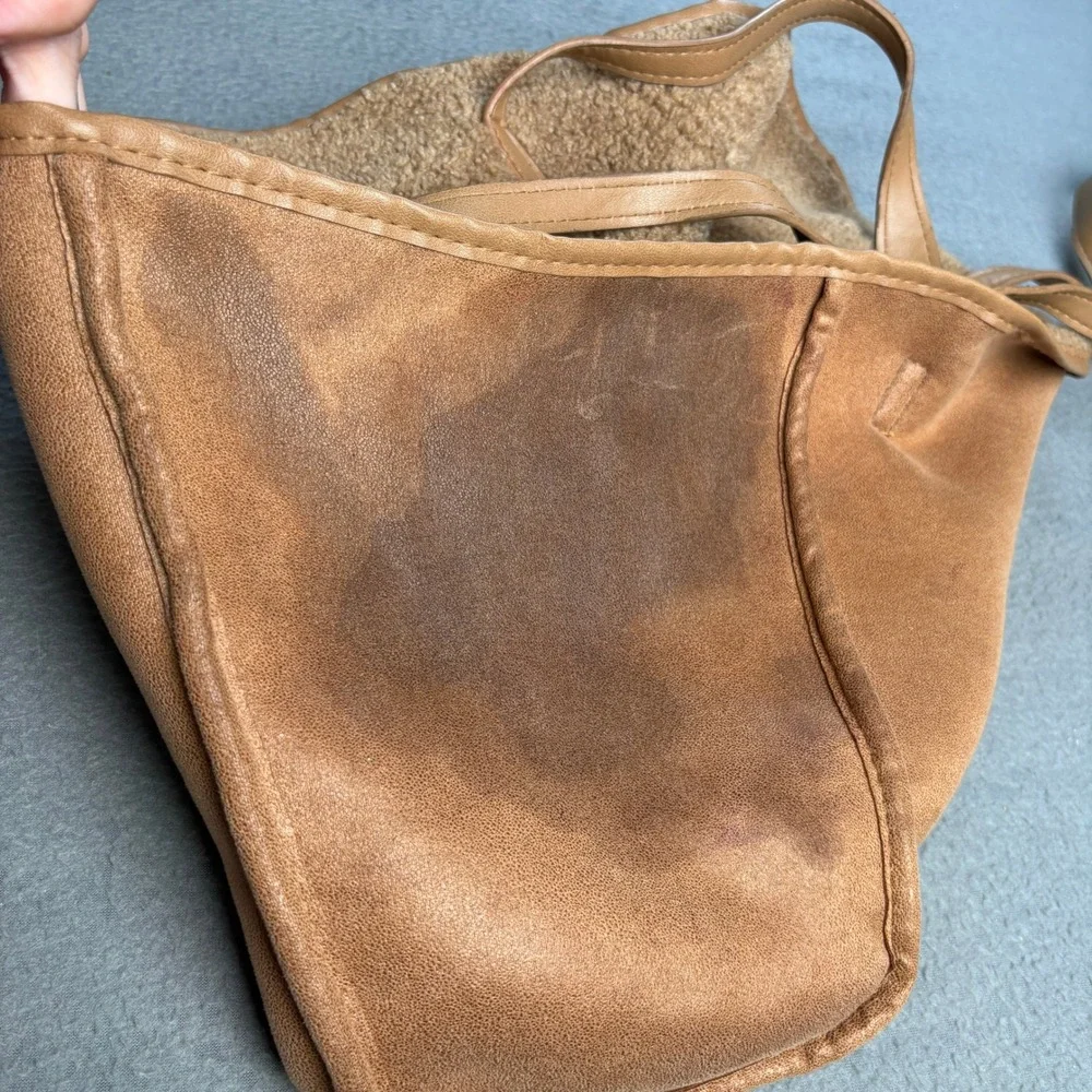Neiman Marcus Faux Shearling Sherpa Tote Bag Camel Tan Brown Shoulder Bag